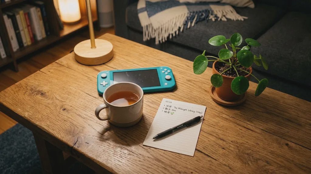 calm end of a low-energy evening game session with handheld and tea