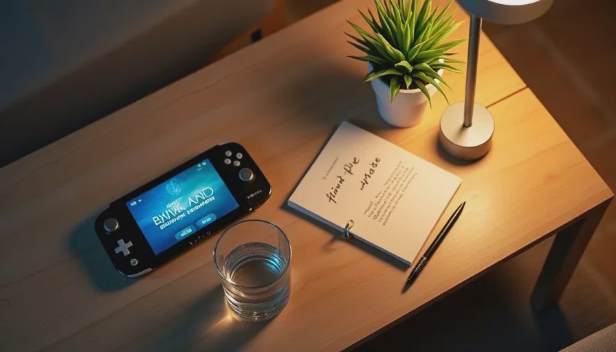 calm end of after-work gaming session with handheld and water