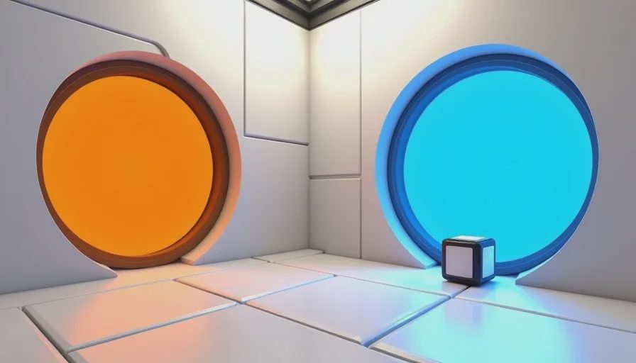 portal 2 test chamber with cube and dual portals
