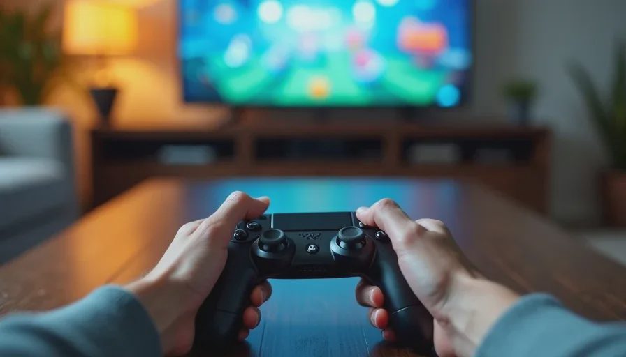 hands holding controllers with couch co-op game feedback on tv