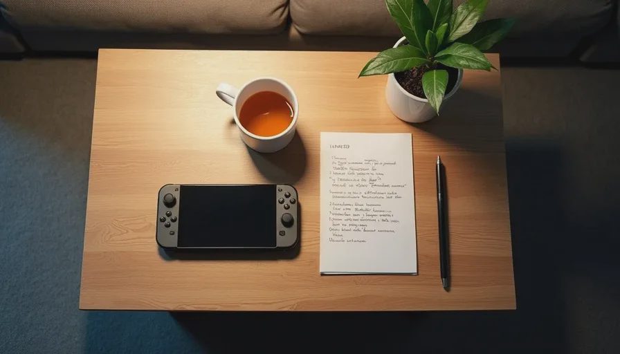 calm end of short evening game session with handheld and tea for busy adults