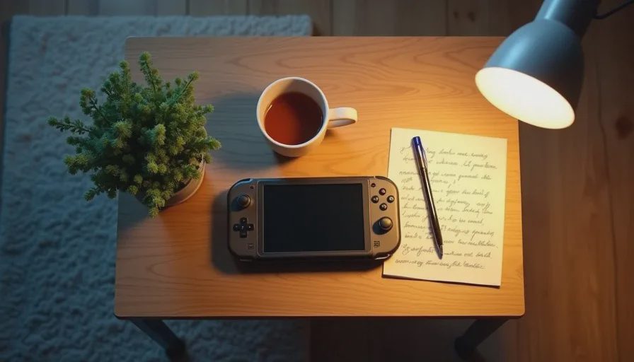 calm end of a slay the spire weeknight run with handheld and tea