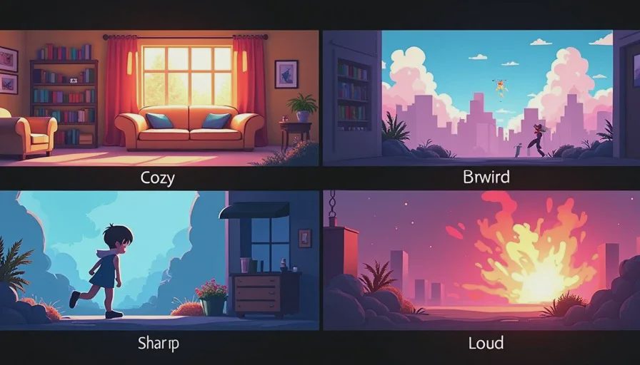 four game screens illustrating cozy sharp weird loud moods