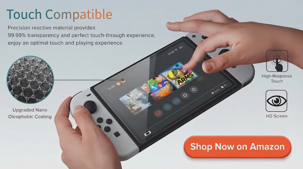 Screen protector with feature text and Shop Now on Amazon button