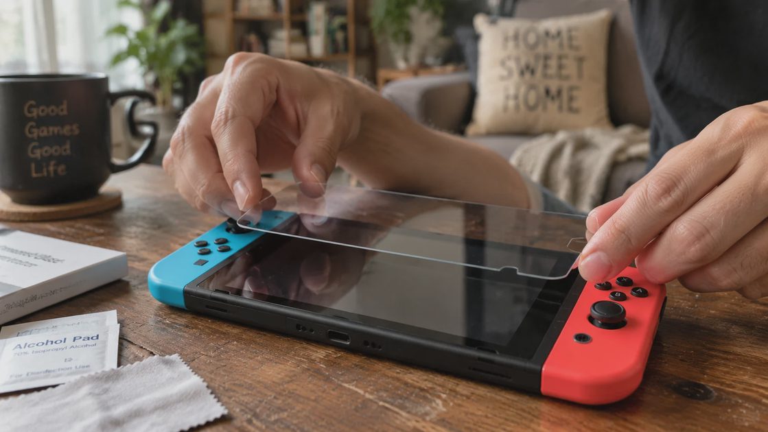 Installing tempered glass with alignment frame on Switch OLED