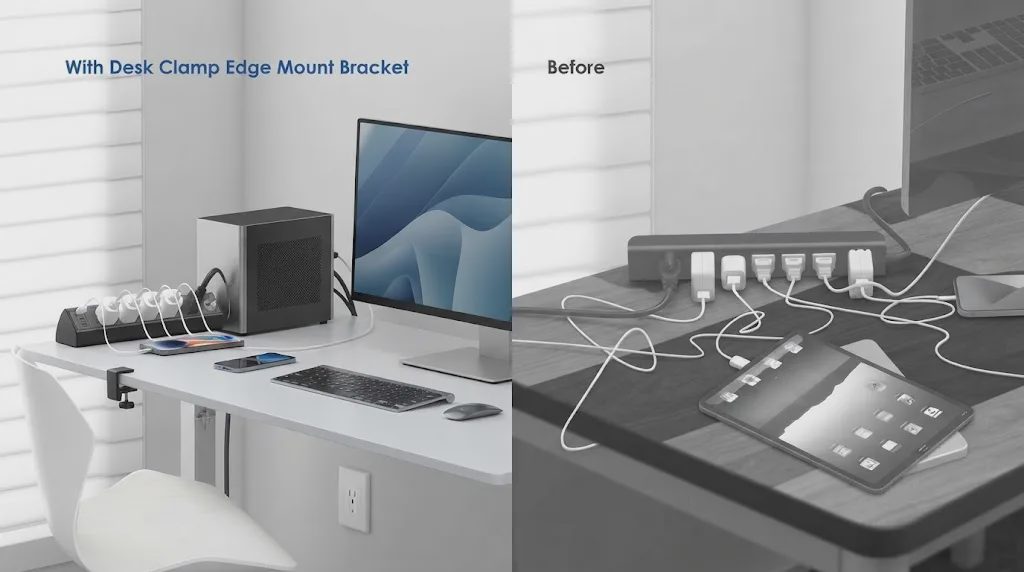 Before and after comparison of a desk clamp power strip setup