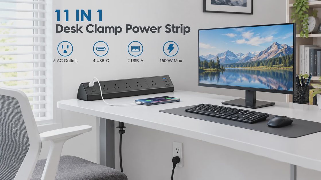 11-in-1 desk clamp power strip with 5 AC outlets, 4 USB-C, and 2 USB-A