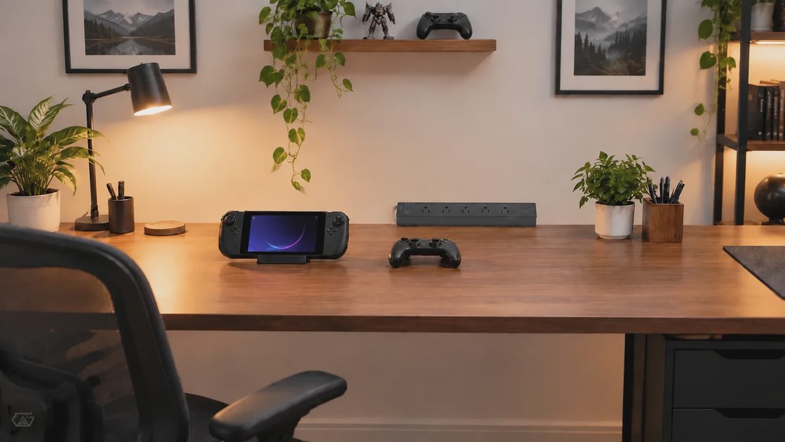 Clean gaming desk setup left ready for the next session
