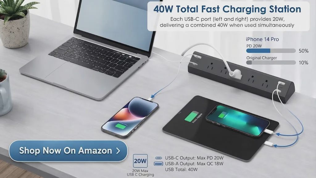 40W total fast charging station with 4 USB-C ports and 2 USB-A ports